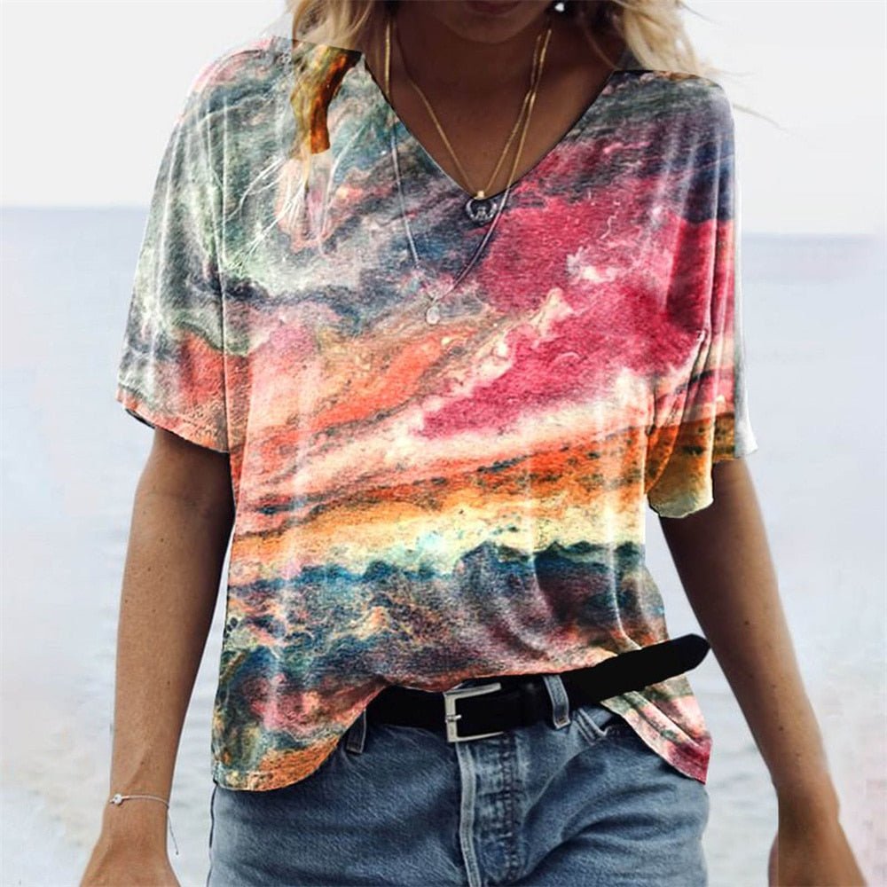 Jannie | Dames T-shirt – Relaxed Fit – V-hals – Boho Design – Ademend