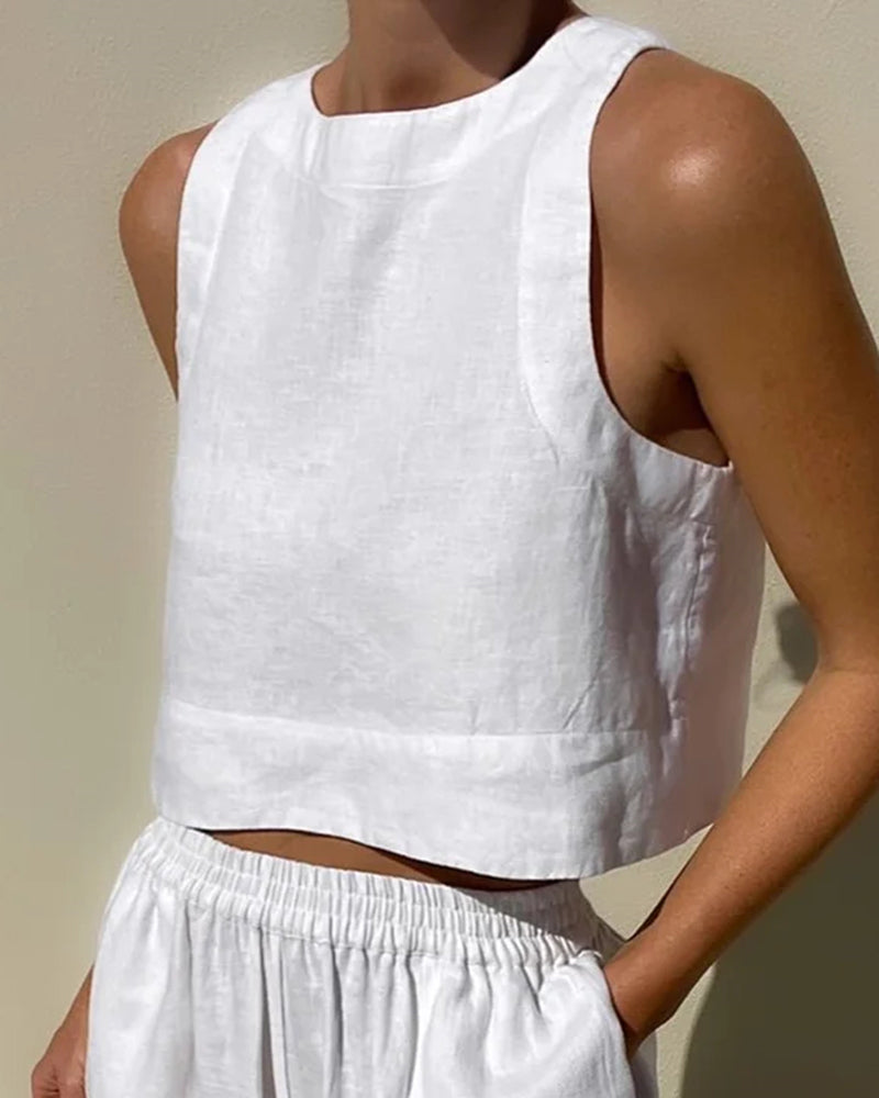 Alieke | Dames Set van Katoen-Linnen met Crop Top en High-Waist Broek – Luchtig & Tijdloos voor de Zomer