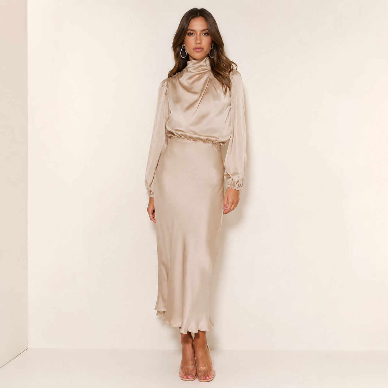 Dames Hoge Taille Midi Jurk – Effen, Casual, Geschikt voor Avondkleding