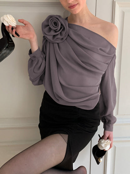 Claire - Chiffon semi-sheer One Shoulder Asymmetrische Blouse