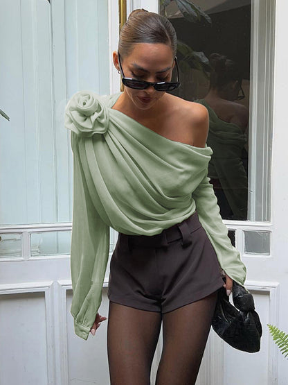 Claire - Chiffon semi-sheer One Shoulder Asymmetrische Blouse