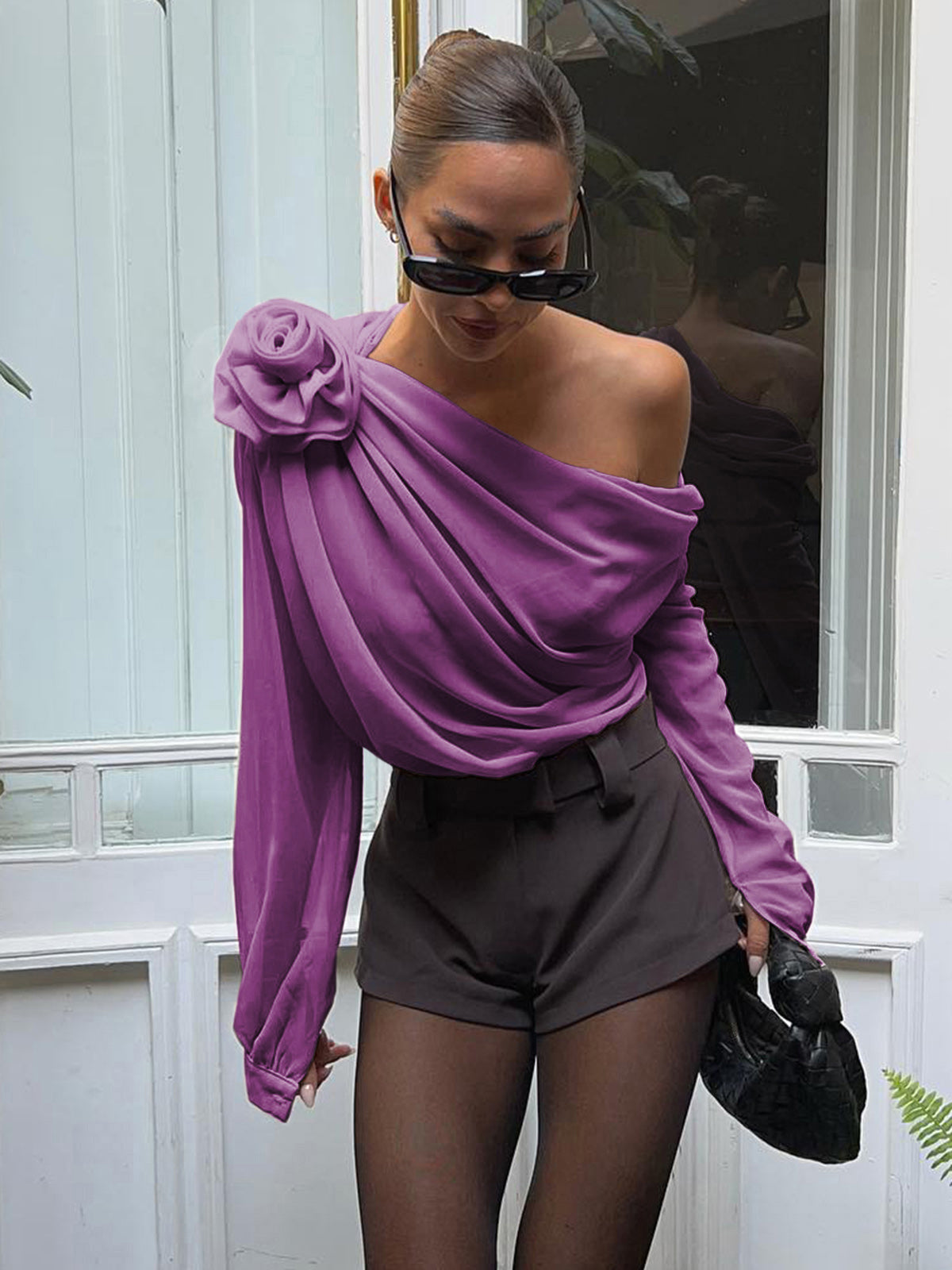 Claire - Chiffon semi-sheer One Shoulder Asymmetrische Blouse