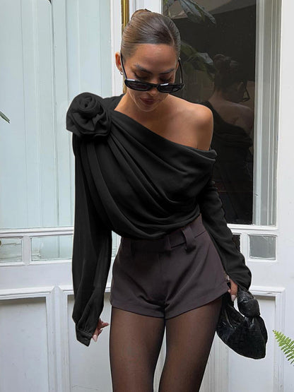 Claire - Chiffon semi-sheer One Shoulder Asymmetrische Blouse