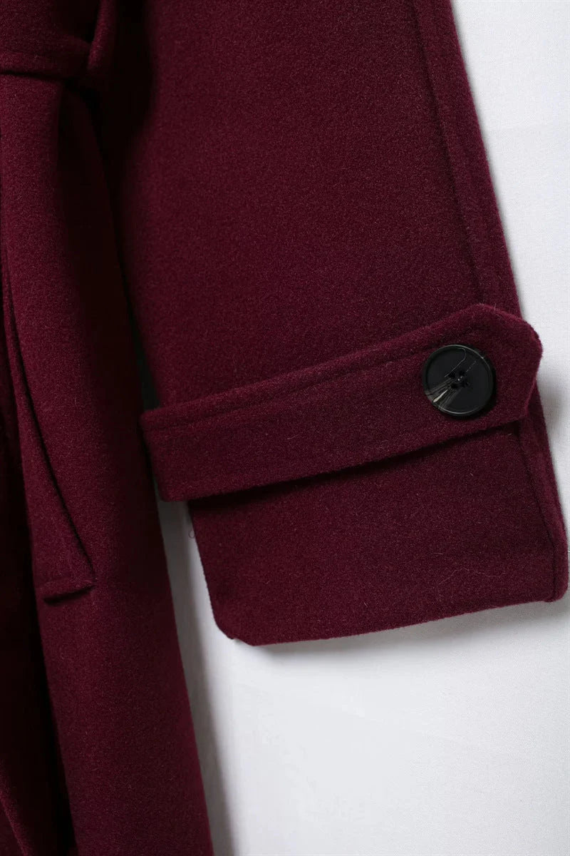Romee Mantel | Dames burgundy jas met ceintuur en dubbele knopenrij