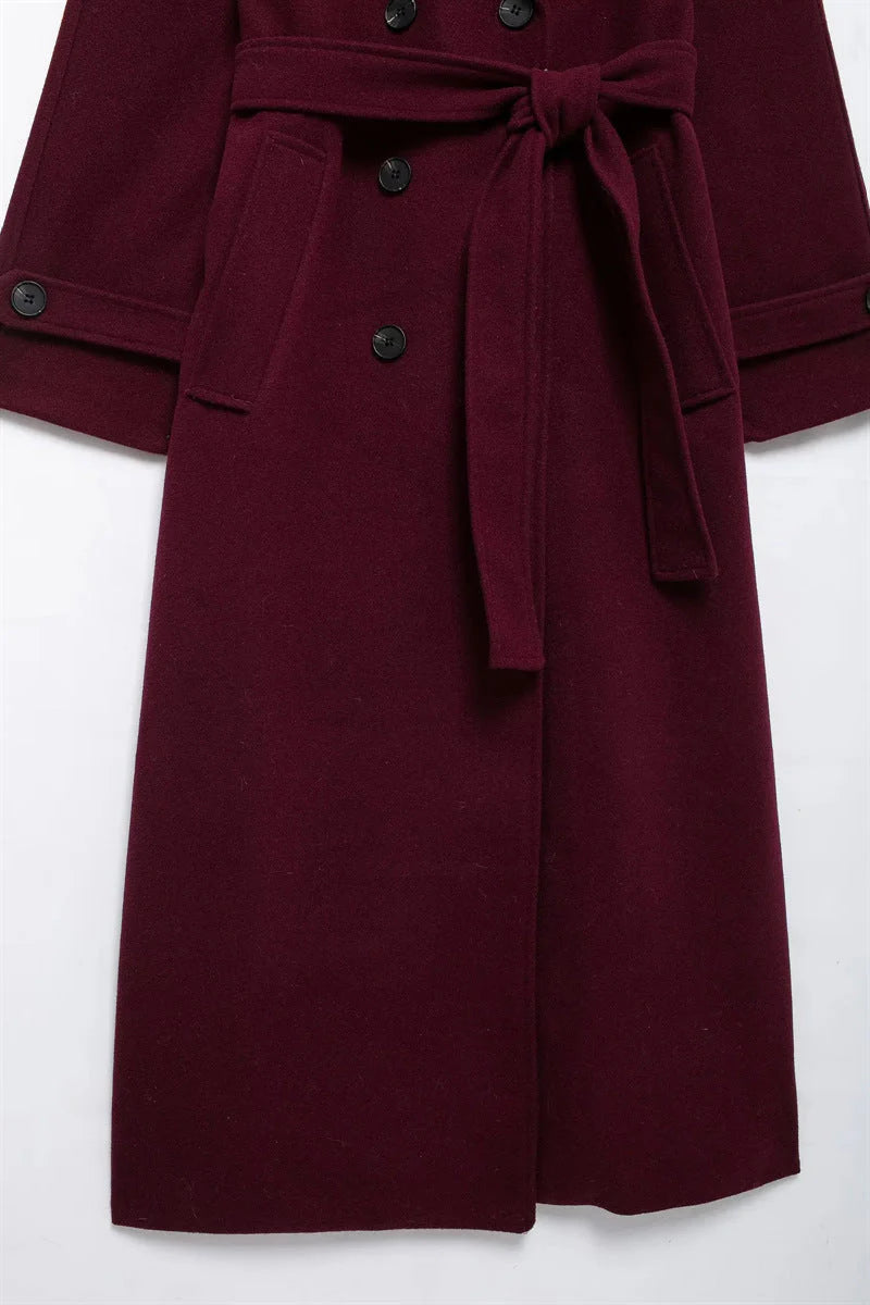 Romee Mantel | Dames burgundy jas met ceintuur en dubbele knopenrij
