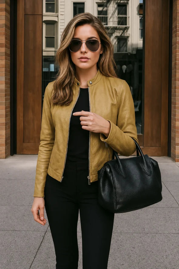 Dames Leren Jas Slim Fit met Rits en Opstaande Kraag
