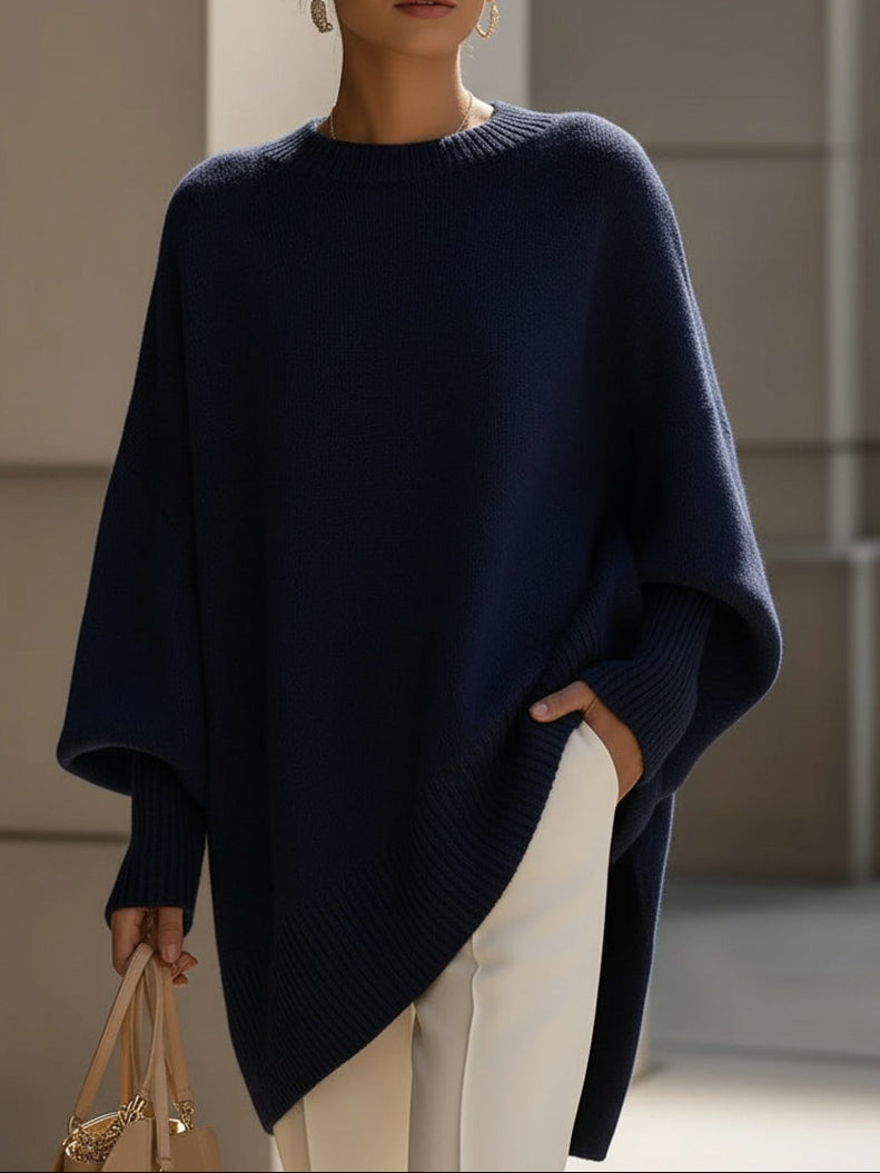 Dames Oversized Sweater met Vleermuismouw en Ronde Hals Marineblauw