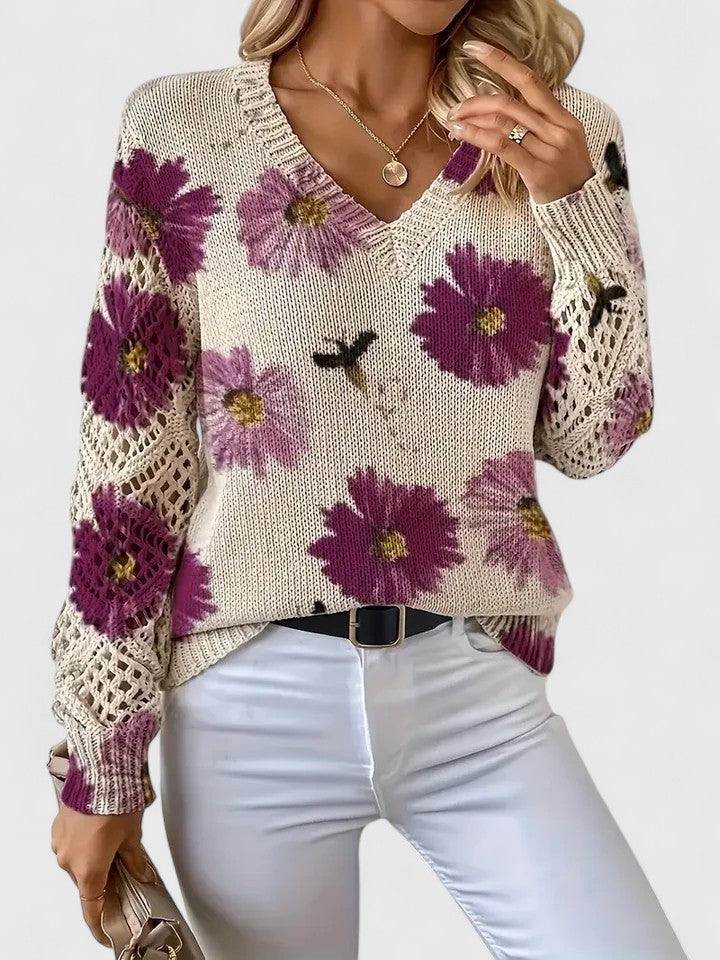 Trui Dames | Luchtige Gebreide Trui met Bloemenprint