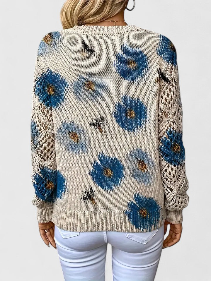 Trui Dames | Luchtige Gebreide Trui met Bloemenprint