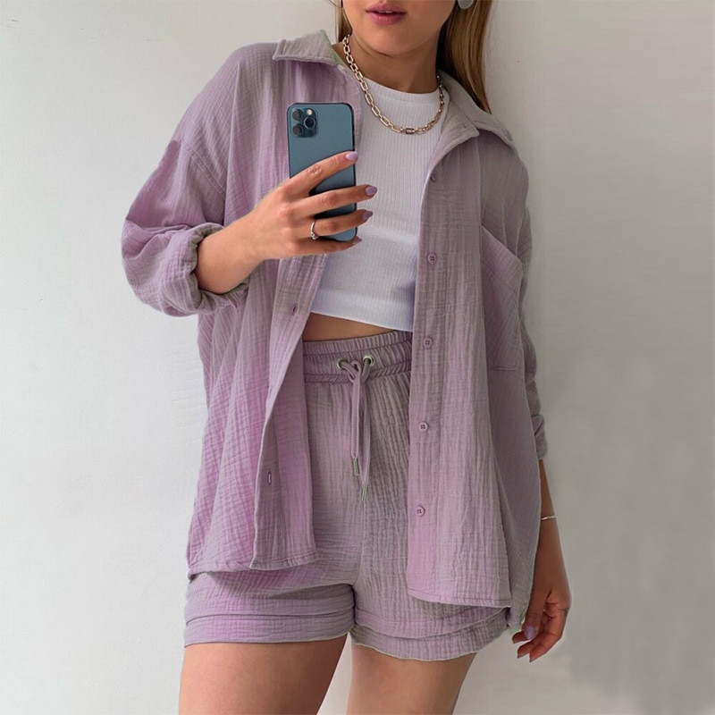 Delphine Katoenen Pak | Dames Comfortabele set met Omgeslagen Kraag en Shorts