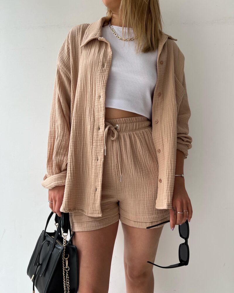 Delphine Katoenen Pak | Dames Comfortabele set met Omgeslagen Kraag en Shorts