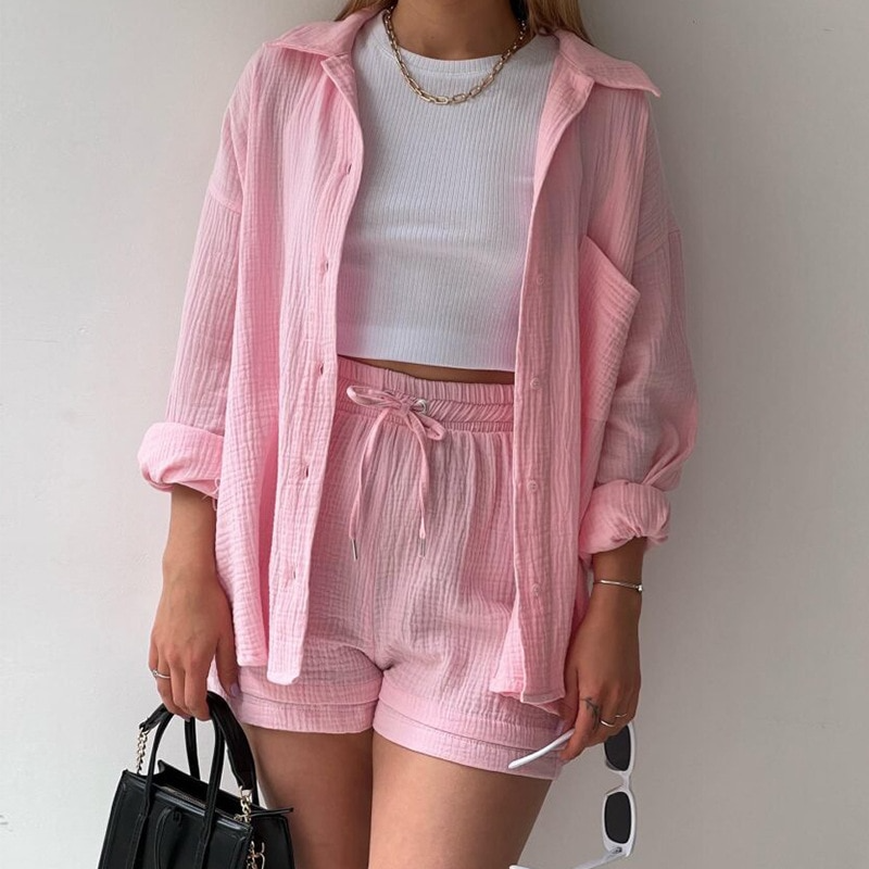 Delphine Katoenen Pak | Dames Comfortabele set met Omgeslagen Kraag en Shorts