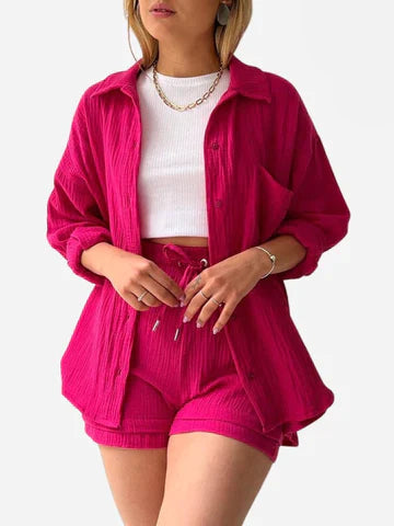 Delphine Katoenen Pak | Dames Comfortabele set met Omgeslagen Kraag en Shorts