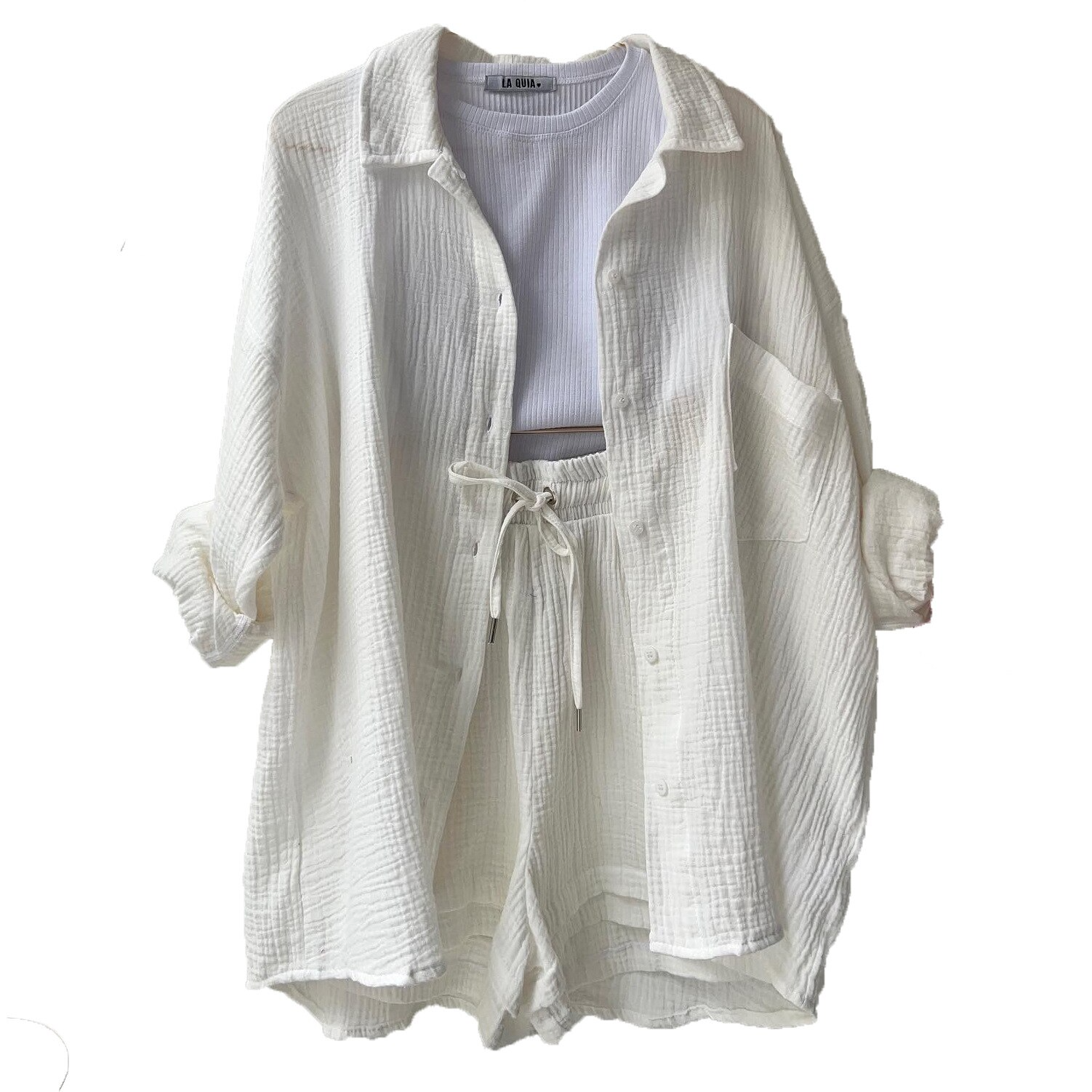 Delphine Katoenen Pak | Dames Comfortabele set met Omgeslagen Kraag en Shorts