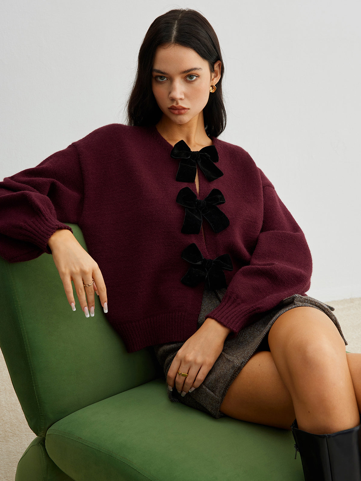 Donna Velvet Trui | Dames gebreide trui met strik en romantische lantern mouwen
