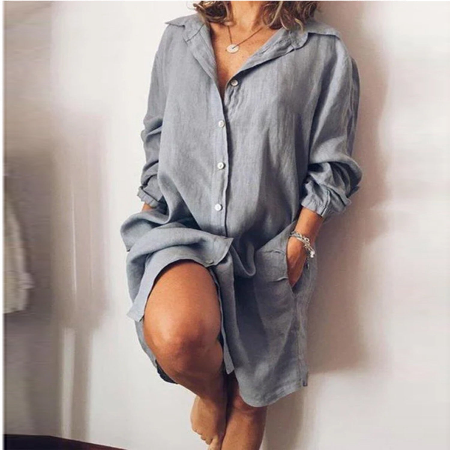 Dames blouse van linnen met lange rechte snit