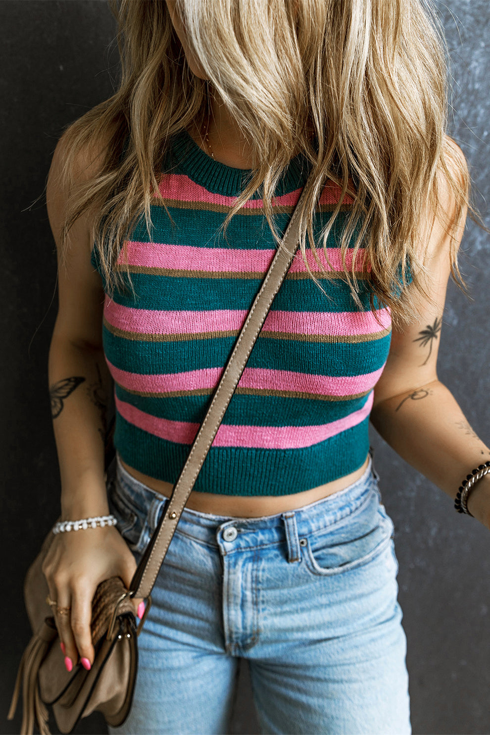 Eglantine - Roze Gestreepte Mouwloze Gebreide Top