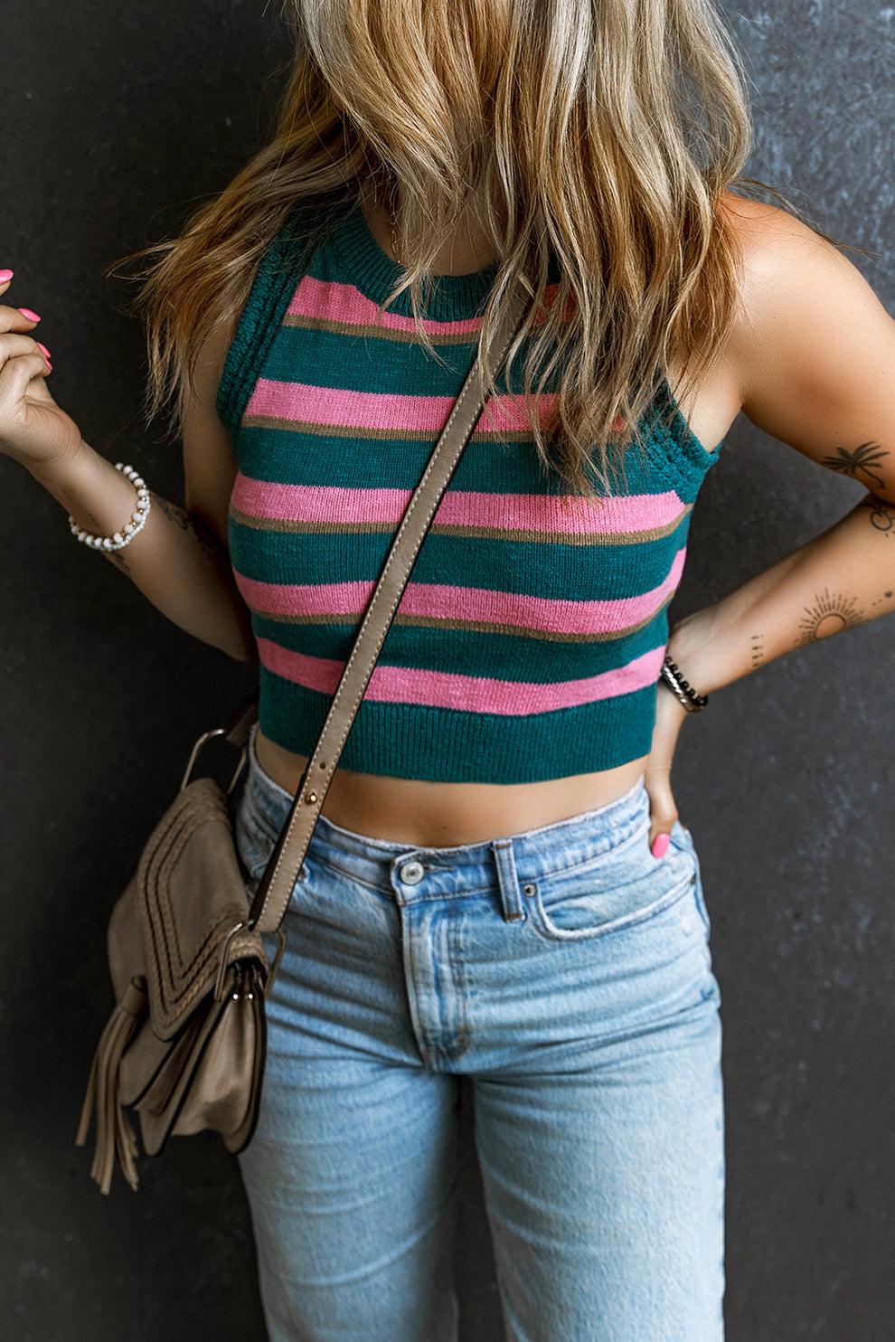 Eglantine - Roze Gestreepte Mouwloze Gebreide Top