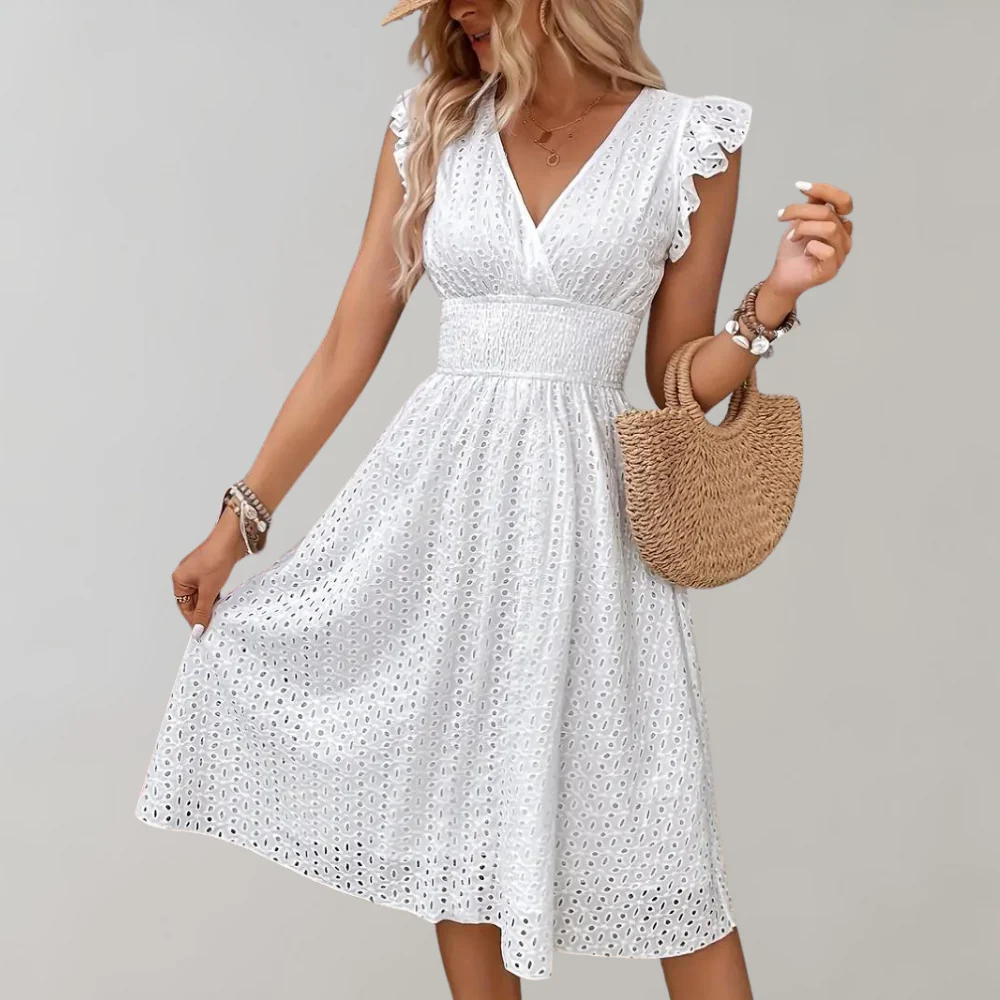 Iva | Dames Jurk – Gesmokte Taille, V-hals, Broderiestof, Knie-Lengte