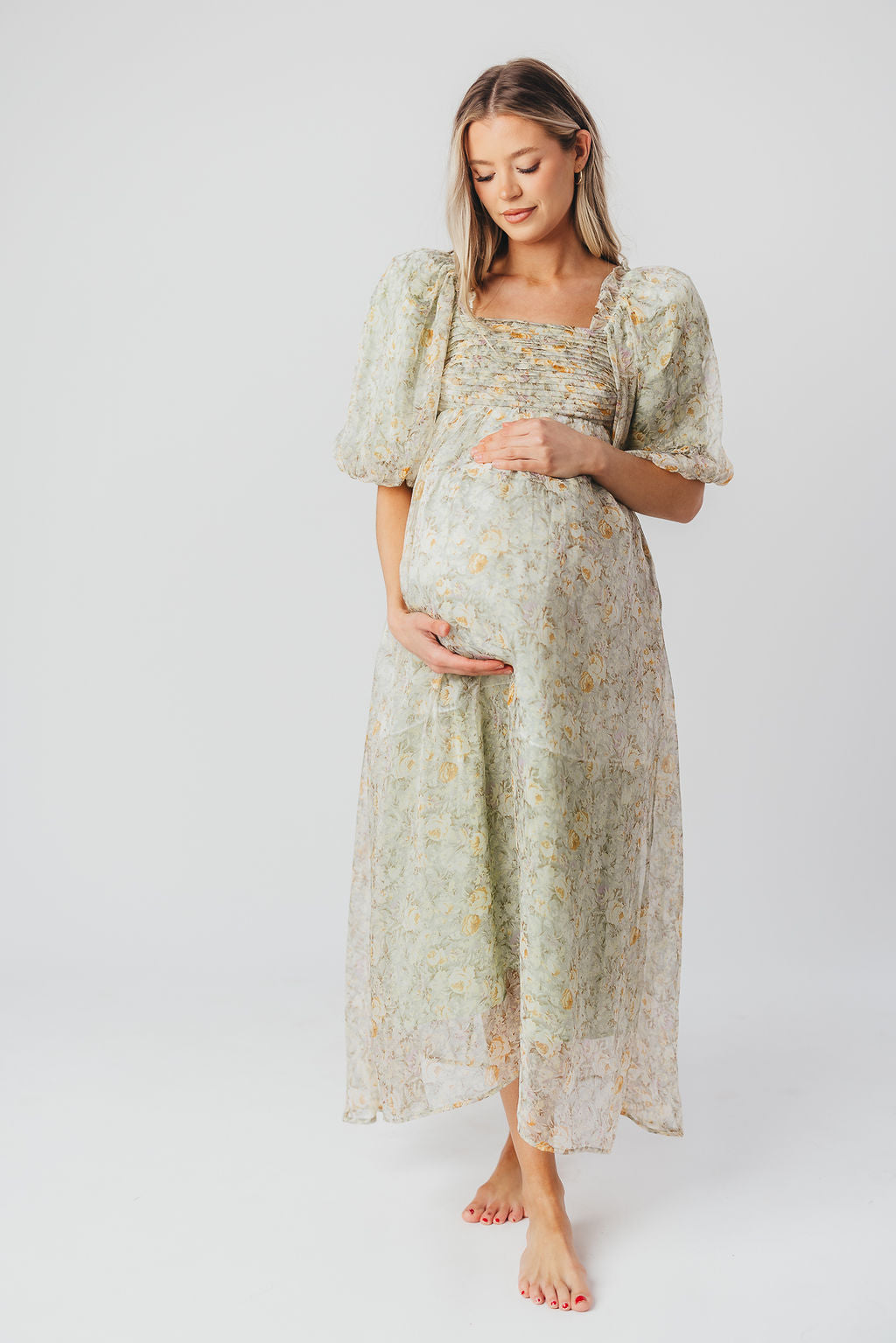 Eilina | Dames Maxi Jurk Zwangerschap – Flatterende Empire Taille en Romantische Ballonmouwen