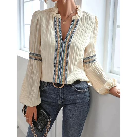 Elowen - Casual V-Hals Blouse Met Lange Mouwen