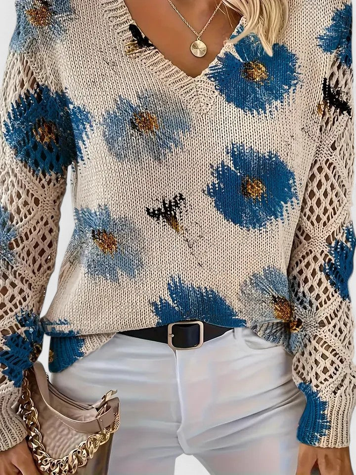Trui Dames | Luchtige Gebreide Trui met Bloemenprint