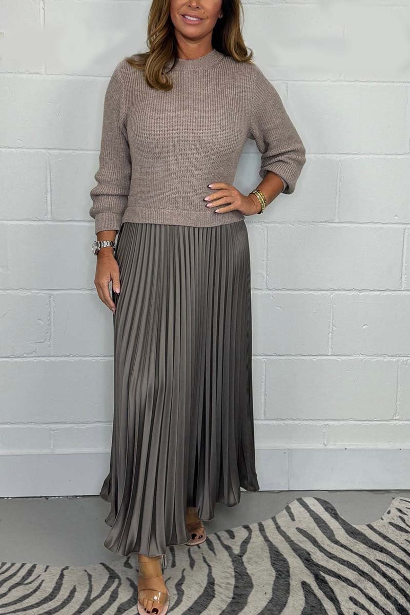 Fable | Dames midi herfst jurk met gebreide top en geplooide rok