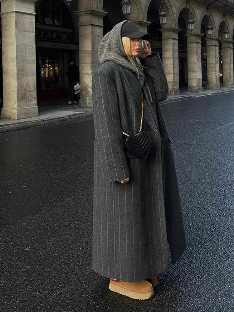 Gestreepte Trenchcoat | Dames lange jas van wolblend met elegante pasvorm