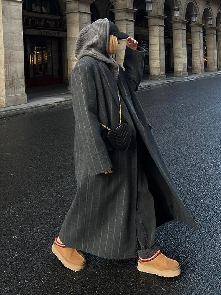 Gestreepte Trenchcoat | Dames lange jas van wolblend met elegante pasvorm