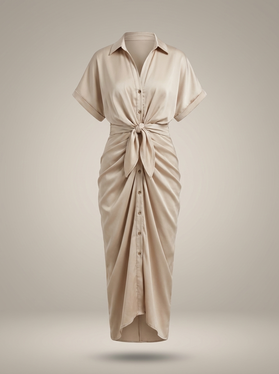 Dames Getailleerde Midi Jurk – Met Taille Strik en Knoopsluiting, Geschikt voor Casual en Werk