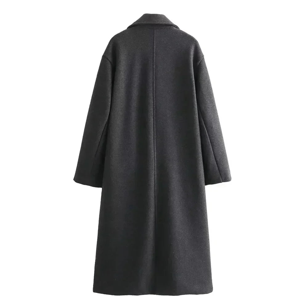 Dames Lange Double-Breasted Coat met Brede Reverskraag