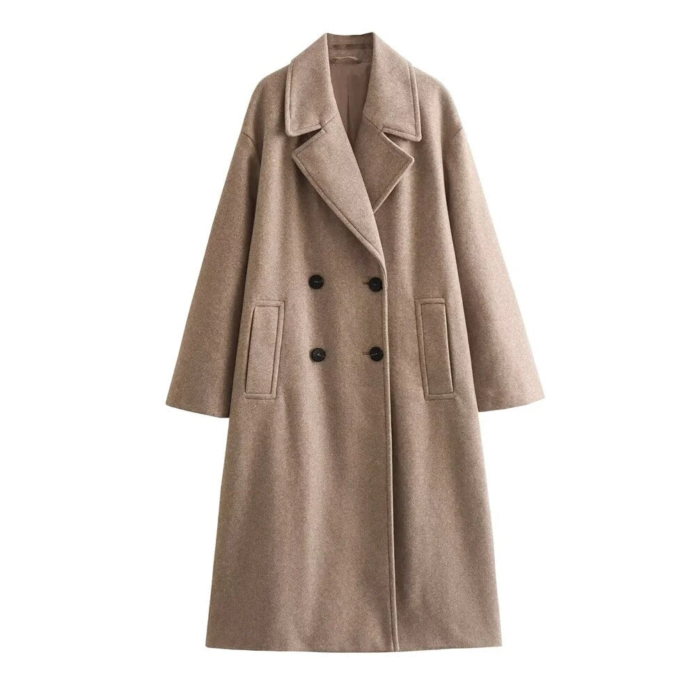 Dames Lange Double-Breasted Coat met Brede Reverskraag