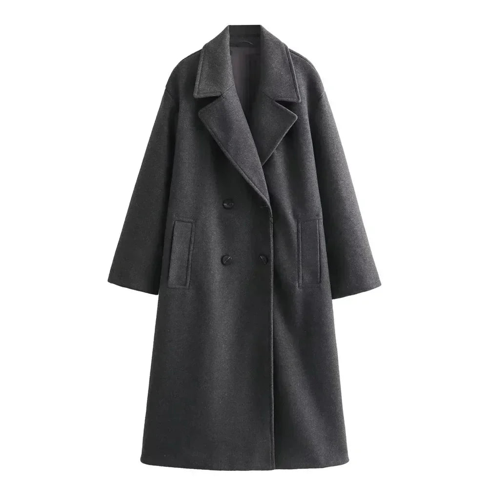 Dames Lange Double-Breasted Coat met Brede Reverskraag