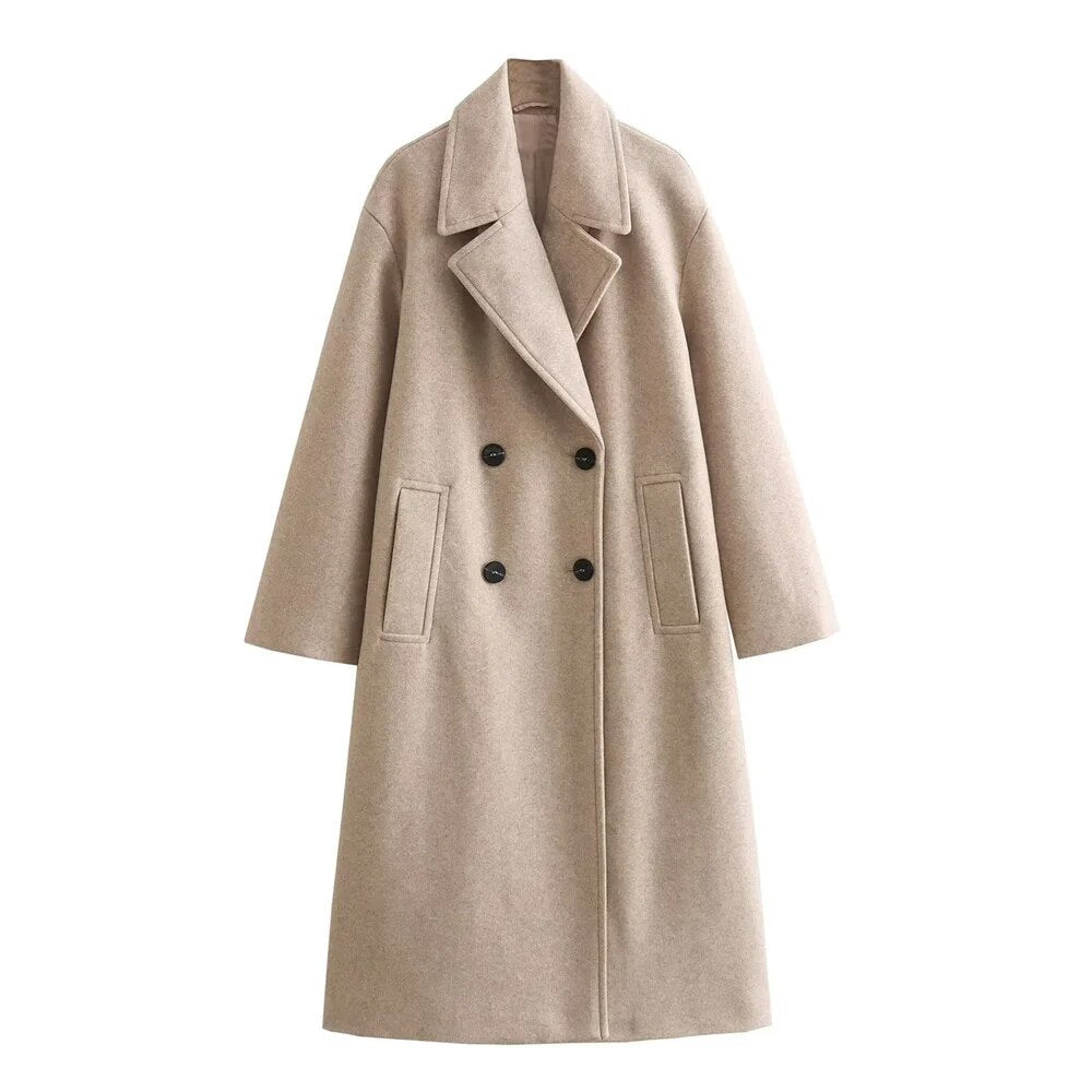 Dames Lange Double-Breasted Coat met Brede Reverskraag