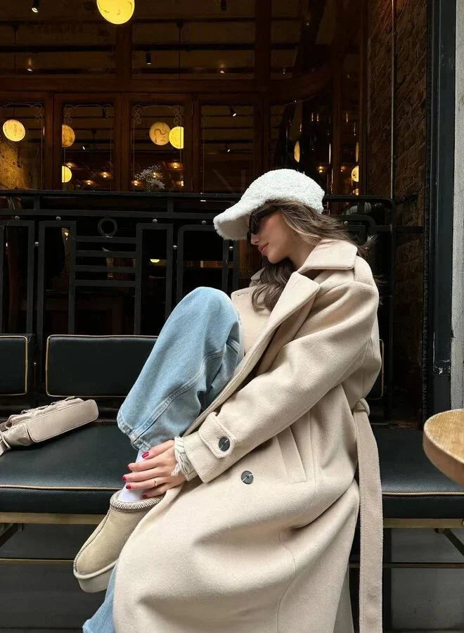Dames Lange Double-Breasted Coat met Brede Reverskraag