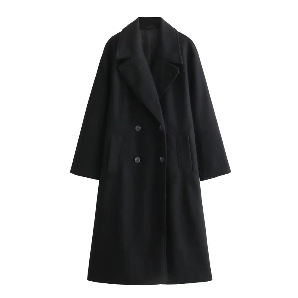 Dames Lange Double-Breasted Coat met Brede Reverskraag
