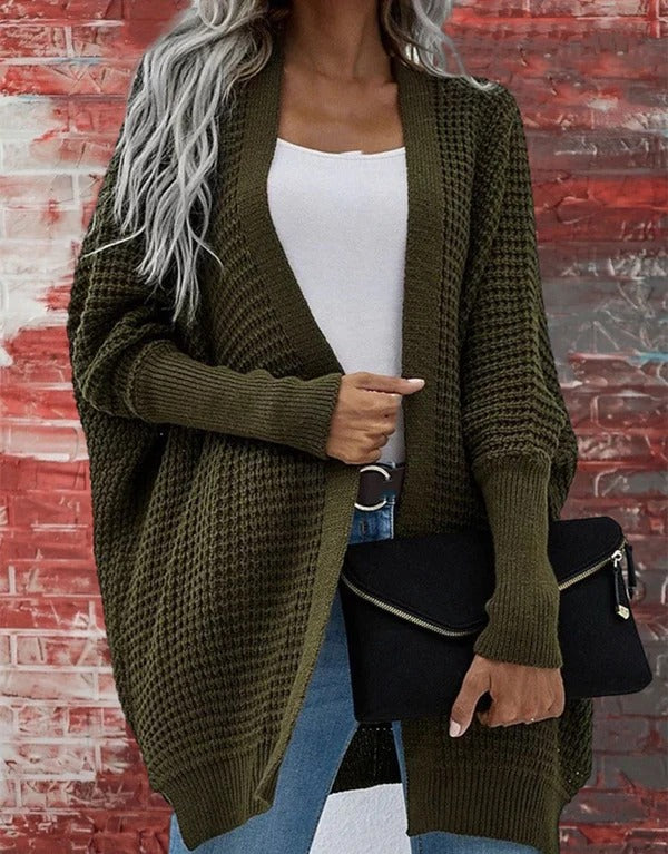 Dames vest – Oversized pasvorm – Gebreid waffle structuur – Open voorkant – Lange mouw