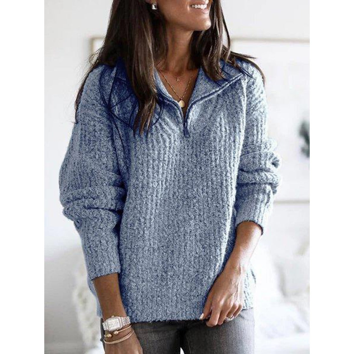 Dames Regular Fit Trui met Halve Rits – Lange Mouw, Casual