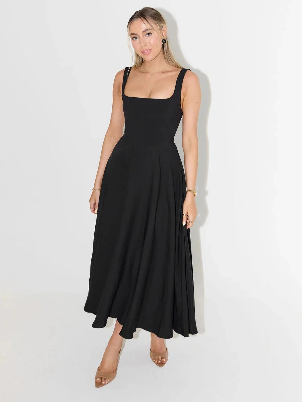 Ivette - Midi Jurk Met Hoge Taille En Vierkante Hals