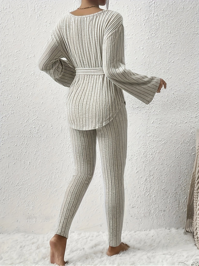 Kianna tweedelige set dames | Geribbelde co-ord met strikdetail en relaxte pasvorm