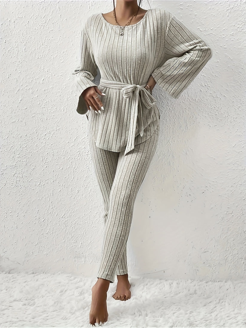 Kianna tweedelige set dames | Geribbelde co-ord met strikdetail en relaxte pasvorm