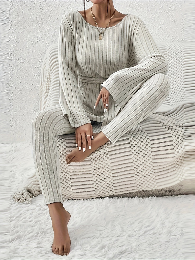 Kianna tweedelige set dames | Geribbelde co-ord met strikdetail en relaxte pasvorm