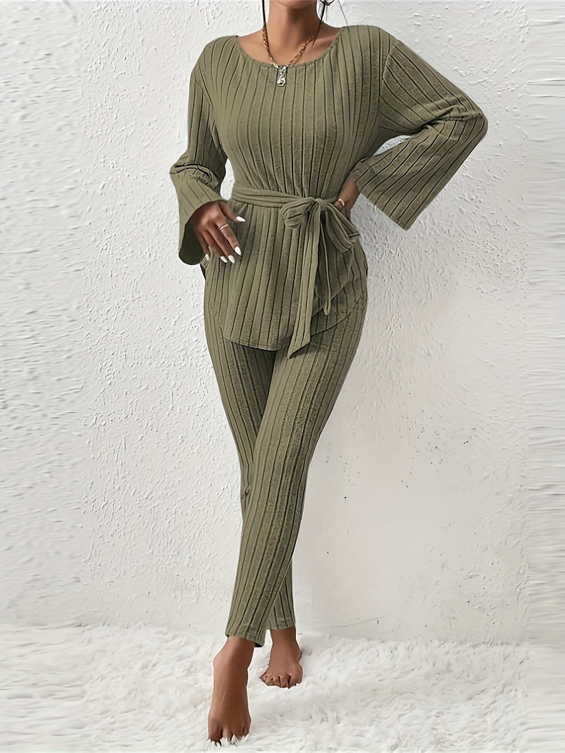 Kianna tweedelige set dames | Geribbelde co-ord met strikdetail en relaxte pasvorm