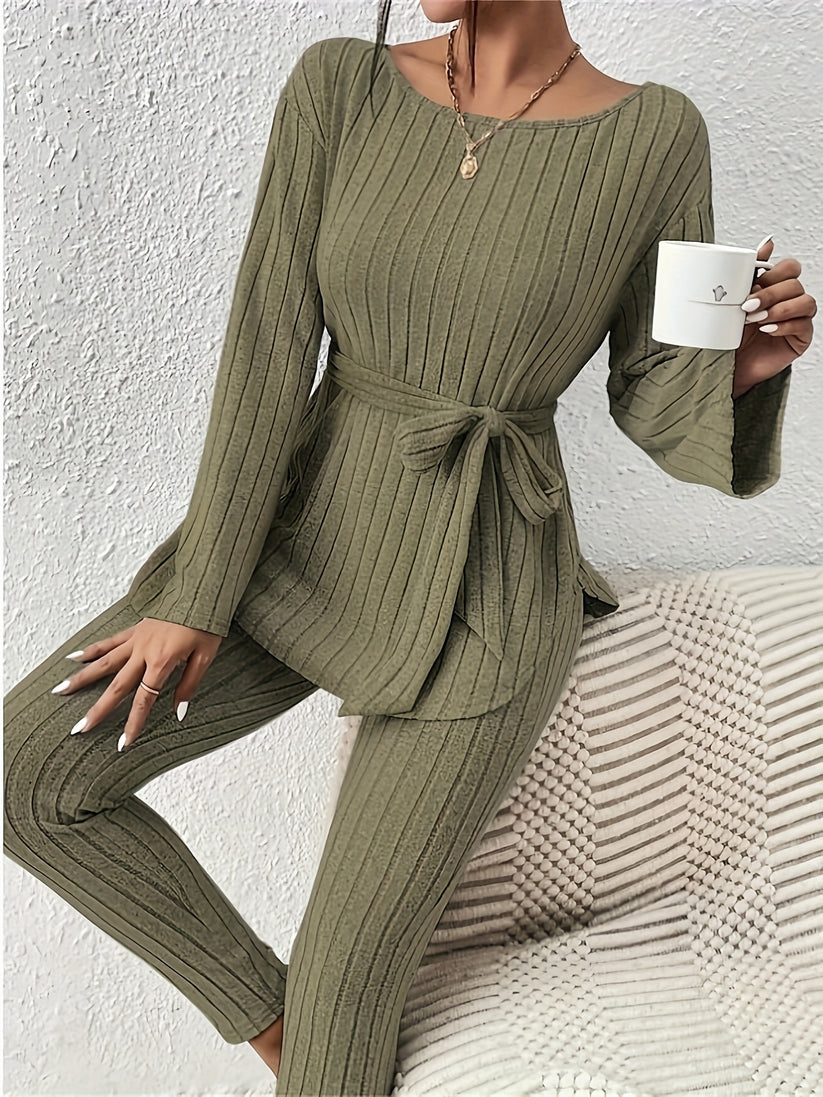 Kianna tweedelige set dames | Geribbelde co-ord met strikdetail en relaxte pasvorm