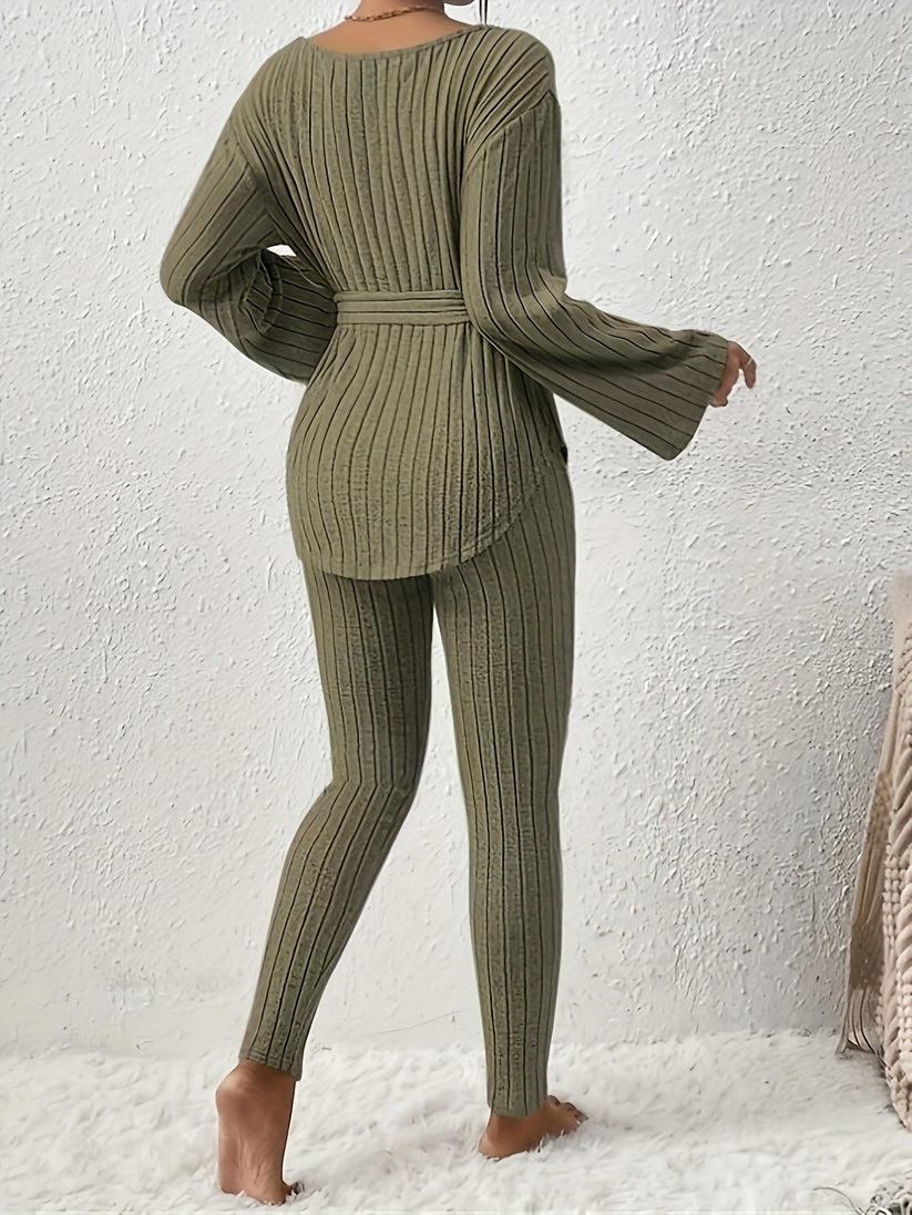Kianna tweedelige set dames | Geribbelde co-ord met strikdetail en relaxte pasvorm