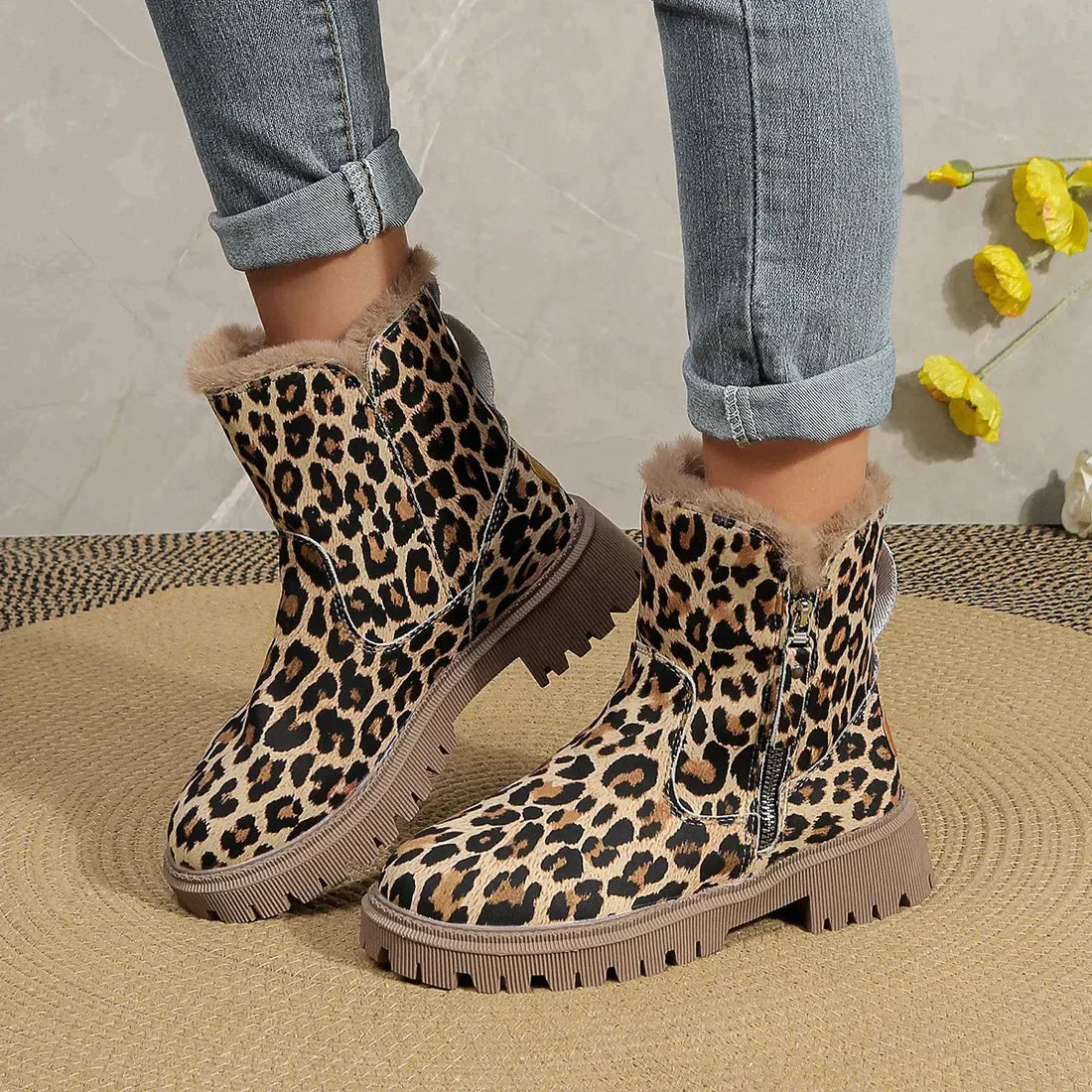 Platform Laarzen Dames | Warme Laarzen met Luipaardprint en Pluche Voering