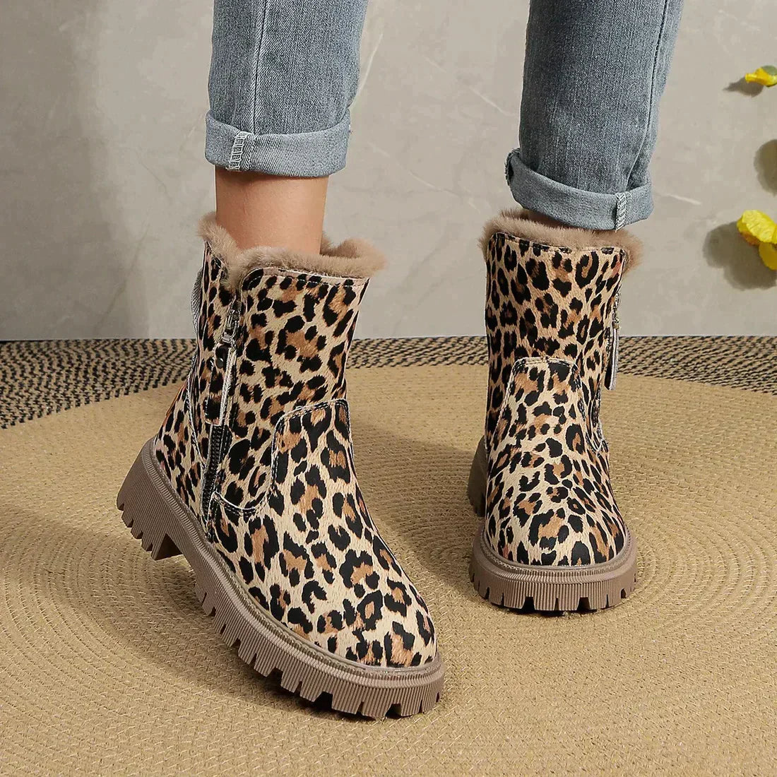 Platform Laarzen Dames | Warme Laarzen met Luipaardprint en Pluche Voering