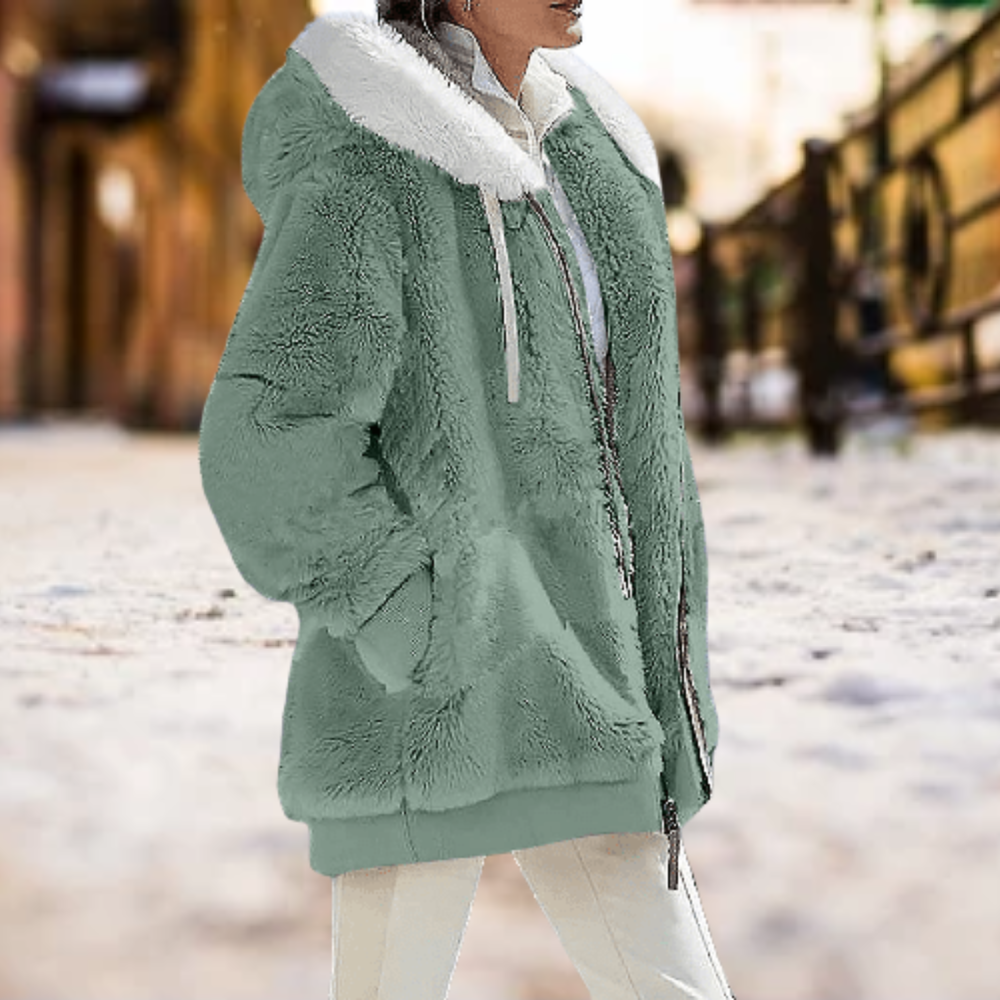 Leslie hoodie jas dames | Warme pluche jas met rits en kap voor herfst en winter