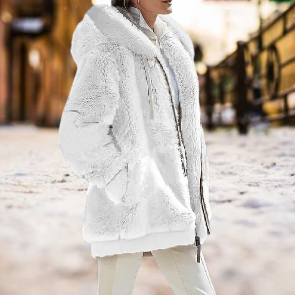 Leslie hoodie jas dames | Warme pluche jas met rits en kap voor herfst en winter