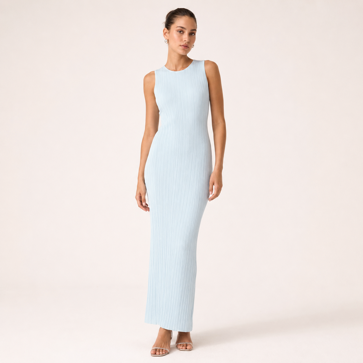 Dione | Dames Midi Jurk - Slim Fit, Mouwloos, Water Ripple Textuur met Open Rug